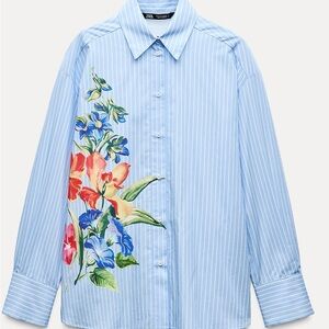 Zara Light Blue Striped Shirt with Floral Print